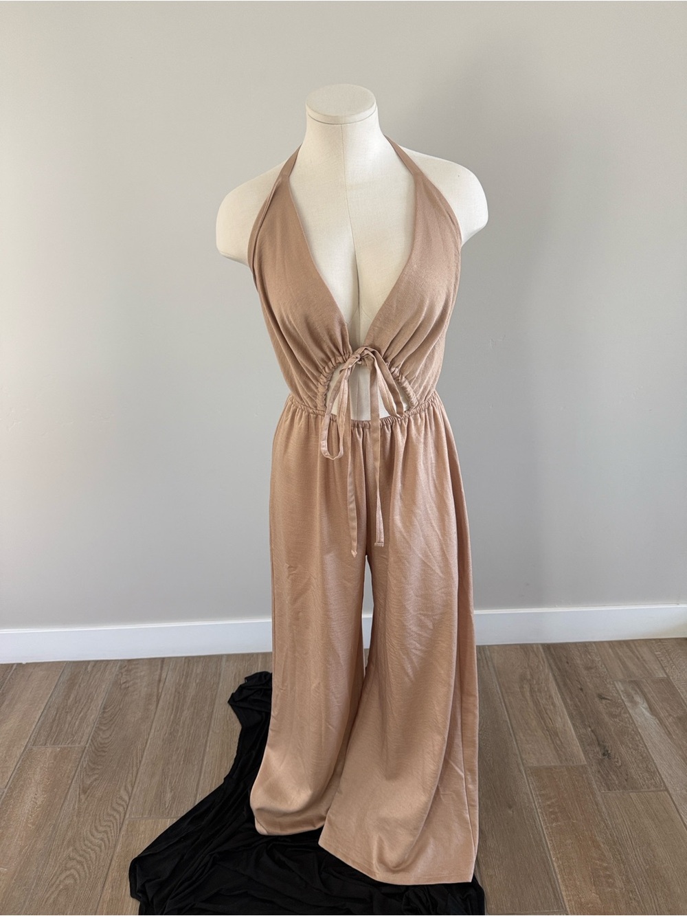 Vici Tyche Taupe Halter Tie-Front Wide-Leg Jumpsuit